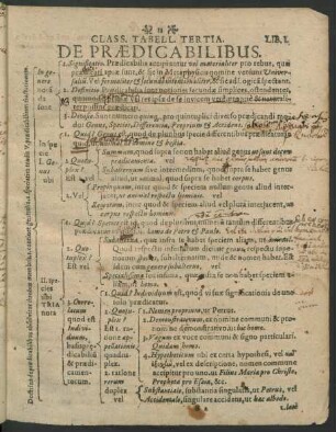 Class. Tabell. Tertia. De Praedicabilibus.
