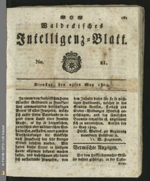 No. 21. Dienstag, den 23ten May 1809