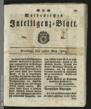 No. 21. Dienstag, den 23ten May 1809
