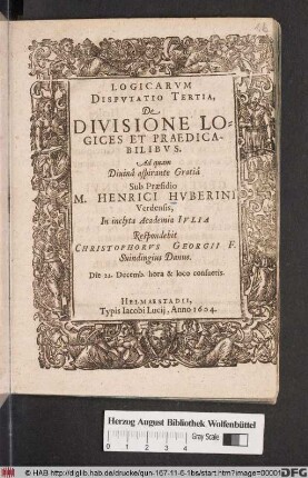 Logicarum Disputatio Tertia, De Divisione Logices Et Praedicabilibus