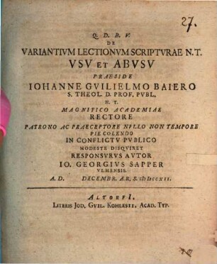De Variantivm Lectionvm Scriptvrae N. T. Vsv Et Abvsv