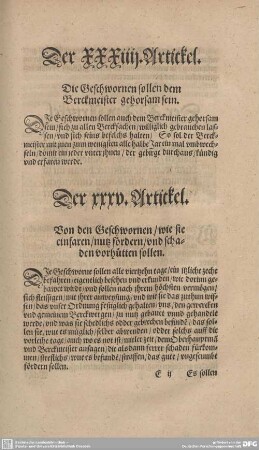 Der XXXIIII. Artickel. Die Geschwornen sollen dem Berckmeister gehorsam sein.