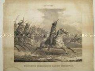 Uniformdarstellung, Dragoner und Offiziere zu Pferd beim Angriff, Garde-Dragonerregiment, Preußen, 1827.