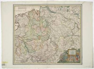 Karte von dem Niederrheinisch-Westfälischen Reichskreis, Kupferstich, um 1685 : Circulus Westphaliae cum Omnibus Suis Subiacentibus Provinciis Novissima Delineatio : cum Privilegio Ordin. Hollandiae et Westfrisiae / Per Iustinum Danckerts. - Amstelodami : Danckerts , [um 1685]. - 1 Kt. : Kupferstich ; 56 x 49 cm. Maßstab in graph. Form (Milliaria Germanica Communia, Milliaria Gallica). - Mit Titelkartusche unten rechts