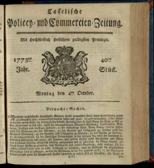 40tes Stueck, Montag den 4ten October 1773