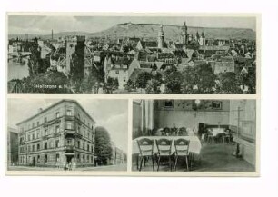Gasthof zum Kaiser Friedrich (Frankfurter Straße 38), Ansicht von außen, Gaststube, und Gesamtansicht Heilbronn vom Rosenberg in Richtung Wartberg
