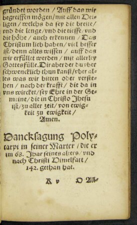 Dancksagung Polycarpi in seiner Marter ...