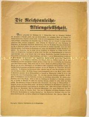 Informationsblatt der Reichsbank über die Reichsanleihe-Aktiengesellschaft als Sonderaktion zur Stützung des Kriegsanleihenmarktes