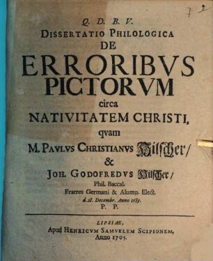 Dissertatio Philologica De Erroribvs Pictorvm circa Nativitatem Christi