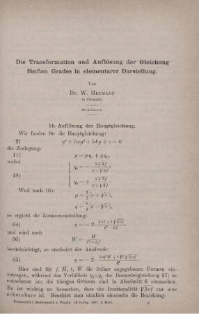 Die Transformation und Auflösung der Gleichung fünften Grades in elementarer Darstellung.