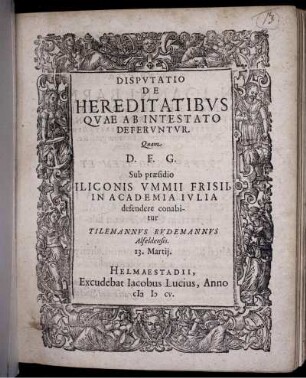 Disputatio De Hereditatibus Quae Ab Intestato Deferuntur