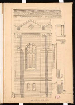 Evangelische Kirche mit 2500 Plätzen, Berlin-Kreuzberg Schinkelwettbewerb 1866: Aufriss Fassade (Ausschnitt); Maßstabsleiste