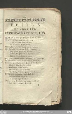 Epitre De Monsieur Le Chevalier De Bouillon.