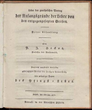 3.: Ueber den gewöhnlichen Vortrag der Anfangsgründe der Lehre von den entgegengesetzten Größen. 3. Abhandlung