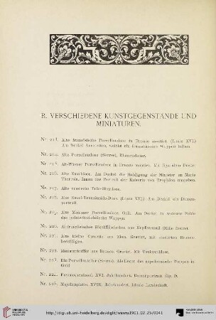 B. Verschiedene Kunstgegenstände und Miniaturen (Nr. 213-295)