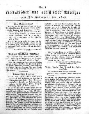 Nro. I., Literarischer und artistischer Anzeiger zum Freimüthigen, für 1808