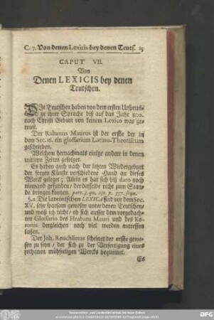 Caput VII. Von Denen Lexicis bey denen Teutschen.