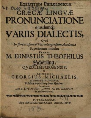 Exercitium philologicum de Graecae linguae pronunciatione eiusdemque variis dialectis