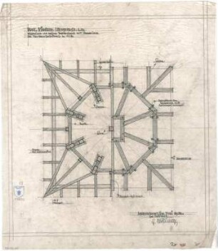 Bestelmeyer, German; Neuburg an der Donau (Bayern); Ev. Kirche - Balkenlage und 1. Pfettenkranz mit Sparrenlage des Turmhelmdachstuhls (Grundriss)