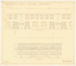 Gesamtbebauungsplan Ankara Ankara Kooperatifi. Haustypen: Typ C1, CEYHAN, Reihenhaus 4 Zimmer, Rückansicht, Vorderansicht 1:50
