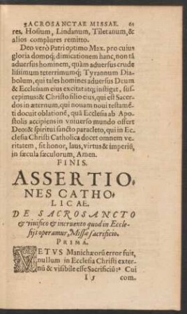 Assertiones Catholicae. De Sacrosancto ... Missae sacrificio.