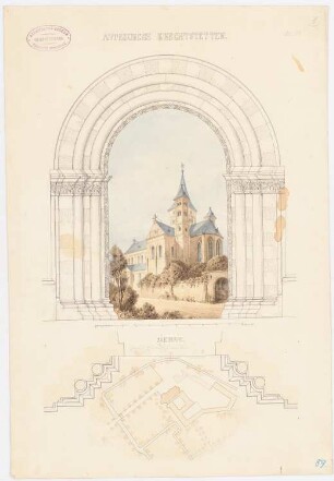 Abteikirche Knechtsteden, Dormagen Wiederaufbau: Lageplan, perspektivische Ansicht von Süd