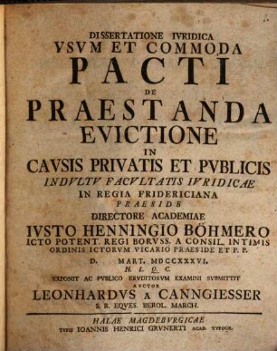 Dissertatione iuridica usum et commoda pacti de praestanda evictione in causis privatis et publicis