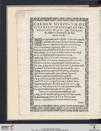Carmen heroicum de vita relgiosissimi et prudentissimi domini [...]