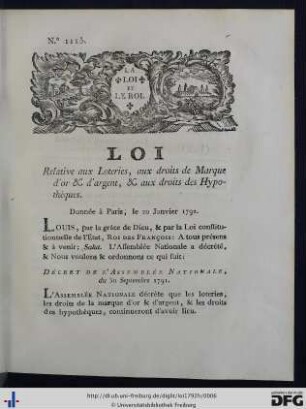 Loi Relative aux Loteries, aux droits de Marque d'or & d'argent, & aux droits des Hypothèques.