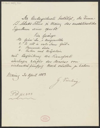 Verlagsschein über "Vier Gesänge, Op. 62"