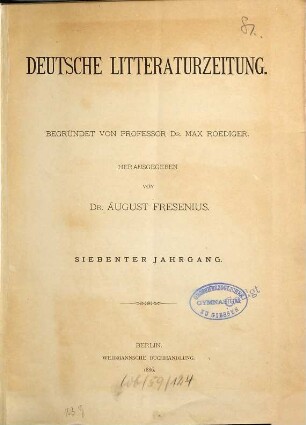 Deutsche Literaturzeitung für Kritik der internationalen Wissenschaft, 7. 1886