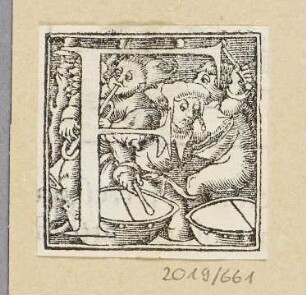 Buchstabe F mit drei musizierenden Figuren, Initiale zu einem römischen Majuskel-Alphabet