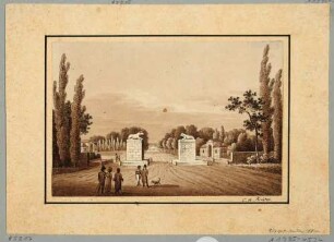 Der Eingang in den Großen Garten in Dresden am westlichen Ende der Hauptallee mit Löwenskulpturen und den Torhäusern von Gottlob Friedrich Thormeyer