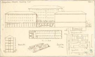 Fischer, Theodor; München - Westend, Bergmannstr.; Ledigenheim - Vorentwurf (Lageplan, Grundriss 4. OG u. 5. OG, Ansicht, Perspektive, Querschnitt)