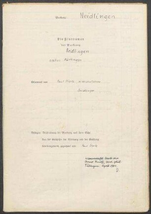 Fragebogen und Karte Neidlingen, Kreis Nürtingen (zuvor OA Kirchheim)