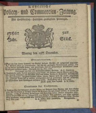52tes Stueck, Montag den 25ten December. 1786