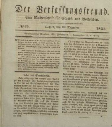 № 69. Cassel, den 28. Dezember 1831.