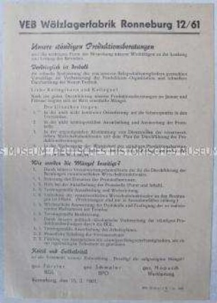 Propagandaflugblatt aus dem Wälzlagerwerk Ronneburg mit der Verpflichtung zu verstärkten Produktionsanstrengungen