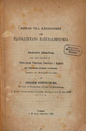 Bidrag till Kännedomen om flodkräftans naturalhistoria : akademisk afhandling