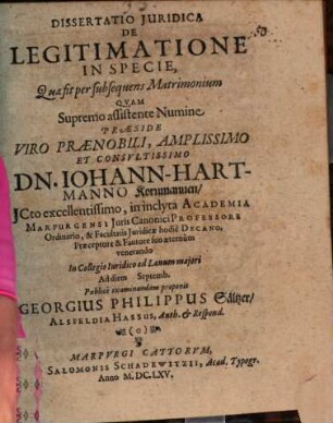 Diss. iur. de legitimatione in specie, quae fit per subsequens matrimonium