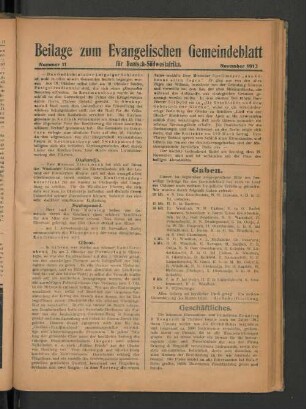 Beilage zum Evangelischen Gemeindeblatt für Deutsch-Südwestafrika. Nummer 11. November 1913