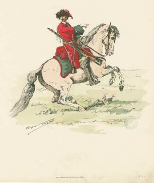 Reiter mit rotem Waffenrock und grünen Ärmelaufschlägen, Mütze, beigefarbene Hose und braunen Stulpenstiefeln, umgehängte Muskete, Jahr 1740, Seiten-Vorderansicht