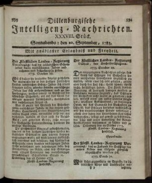 XXXVIII. Stück. Sonnabends: den 20. September, 1783.