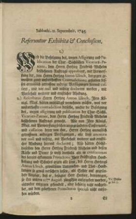 Sabbathi, II. Septembris, 1745. Referuntur Exhibita & Conclusum.