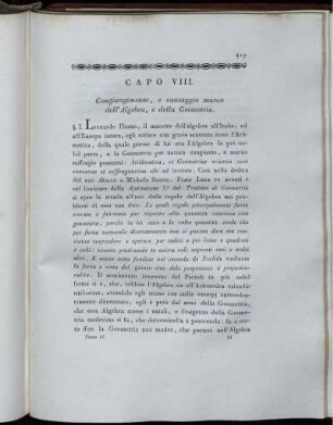 Capo VIII. Congiungimento, e vantaggio mutuo dell' Algebra, e della Geometria.