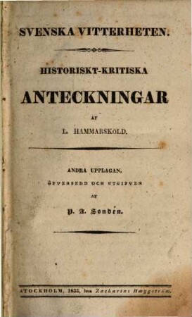 Svenska vitterheten Historiskt-Kritiska anteckningar