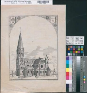 Meppen (Meppen) Ansicht der kath. Pfarrkirche dabei Grundriß 2.H. 19.Jh. o.M. 37,5 x 28,5 Druck: C. F. Kaiser, Köln-Lindenhöhe Franz Langenberg, Baumeister, Bonn Landsberg-Velen Nr. 720