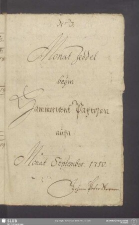 Monat Zeddel beÿm Hammerwerck Paprozan aufn Monat September 1750