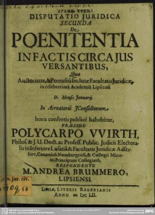 2: Disputatio Juridica ... De Poenitentia In Factis Circa Jus Versantibus