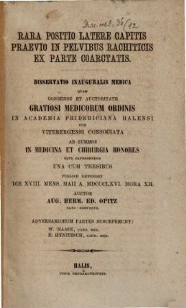Rara positio latere capitis praevio in pelvibus rachiticis ex parte coarctatis : dissertatio inauguralis medica